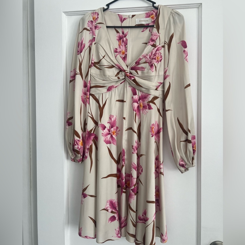 Zimmermann Cream Long Sleeve Floral Mini Dress with Pink Lilies - Picture 5 of 6